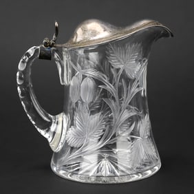 Cut Glass Syrup Pitcher with Sterling Lid