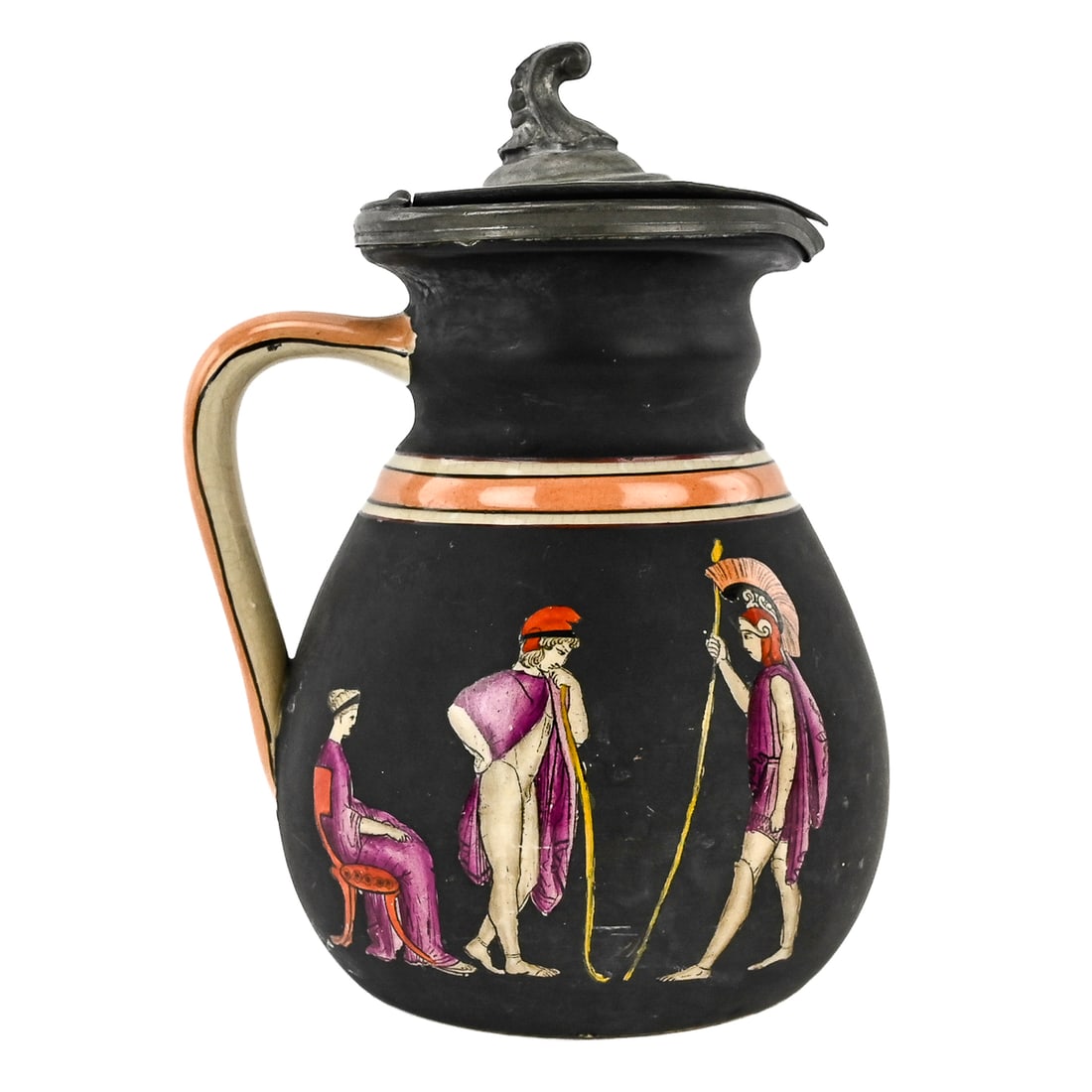 Mythological Relief Earthenware Syrup Pitcher: Antique porcelain or earthenware syrup pitcher with relief classical scene titled “Juno & Miner / A Going to Assist the Greeks – Hector Chiding Paris,” marked “8711 8.” Fitted with a