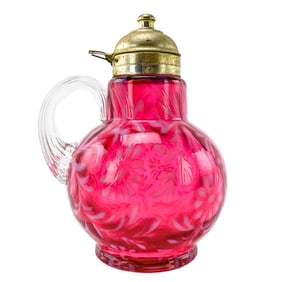 Fenton Cranberry Opalescent Daisy & Fern Syrup Pitcher