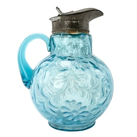 Northwood Blue Opalescent Daisy & Fern Syrup Pitcher