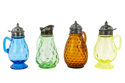 Set of 4 EAPG Colored Glass Syrup Pitchers with Dimpled Interior