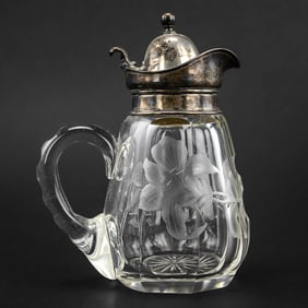 Cut Glass Syrup Pitcher with Stamped Sterling Lid