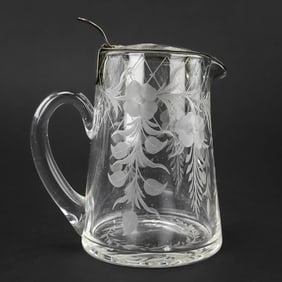 Hawkes Etched Glass Syrup Pitcher with Sterling Lid