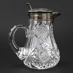 Stippled Cut Glass Syrup Pitcher with Monogrammed Sterling Lid