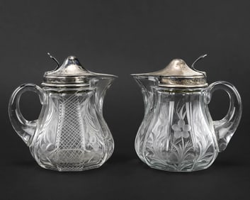 Pair of Etched Glass Syrup Pitchers with J.S. Cox Sterling Lids