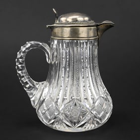 Tapered Cut Glass Syrup Pitcher with Sterling Monogrammed Lid