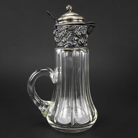 Cut Glass Syrup Pitcher with Sterling Floral Lid