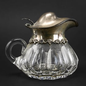 Ribbed Cut Glass Syrup Pitcher with Gorham Sterling Lid