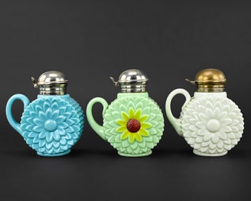 Northwood Milk Glass Flat Flow Syrup Pitchers with Painted Flowers