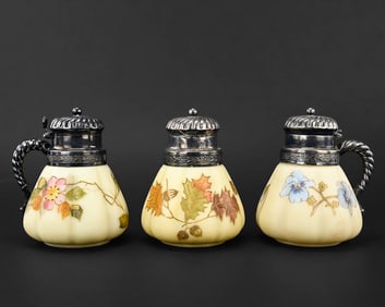 3 Smith Bros. Syrup Pitchers with Floral & Oak Design