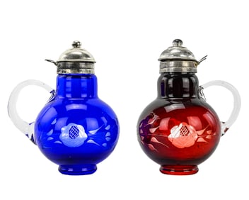 2 Cut-to-Clear Syrup Pitchers, Cobalt & Ruby