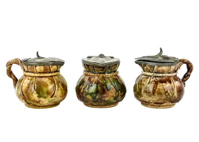 3 Majolica Syrup Pitchers with Pewter Lids