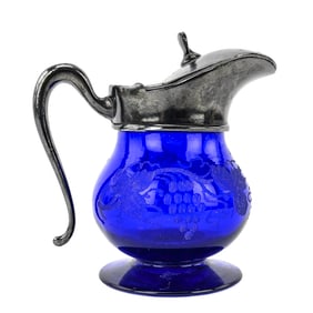 Cobalt Blue Syrup Pitcher with Etched Grape and Leaf Design