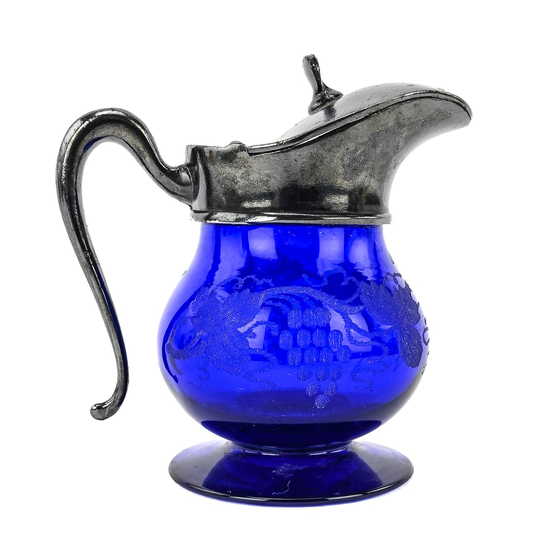 Cobalt Blue Syrup Pitcher with Etched Grape and Leaf Design (1 of 7)