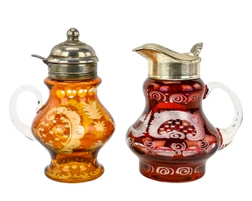 2 Cut-to-Clear Syrup Pitchers: Ruby and Amber
