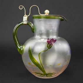 Painted Etched Frosted Glass Pitcher with Green Handle