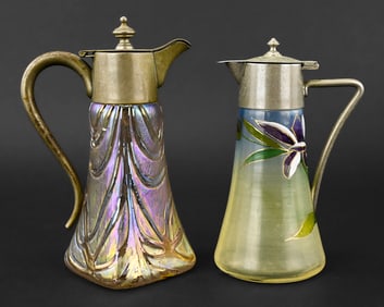 2 Syrup Pitchers: Iridescent and Hand-Painted Glass