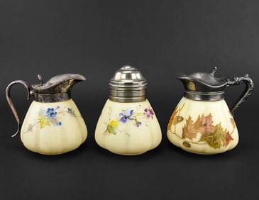3 Smith Bros. Opaque Milk Glass Syrup Pitchers
