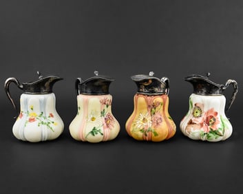 4 Antique Milk Glass Syrup Pitchers with Plated Sterling Lids