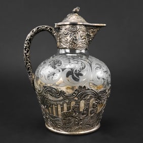 19th C. German Hanau Silver & Etched Glass Syrup Pitcher