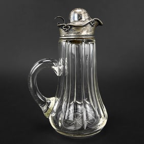 Paneled Cut Glass Syrup Pitcher with Sterling Lid