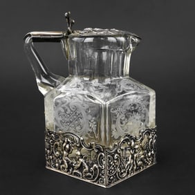 German Etched Glass Pitcher with Silver Base