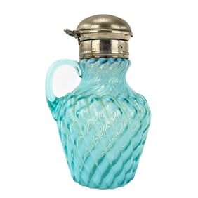 19th C. Antique Blue Opalescent Buckeye Glass Syrup Pitcher