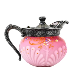 Consolidated Pink Seashell Glass Syrup with Silverplate Lid