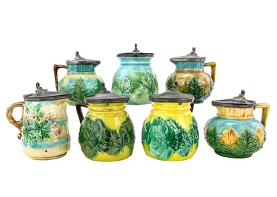 7 Majolica Leaf-Form Syrup Pitchers