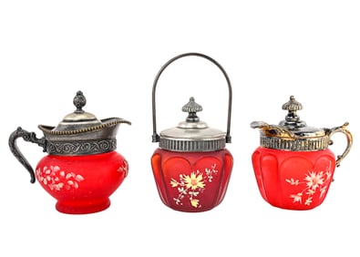 3pcs Ruby Flash Glass with Pewter & Silverplate Lids