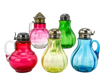 5 Colorful Pressed Glass Syrup Pitchers