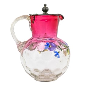 Cranberry Syrup Pitcher with Forget-Me-Not & Hobnail Glass