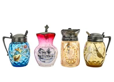 Two Painted Dimpled Sugar Jars & Two Syrup Pitchers