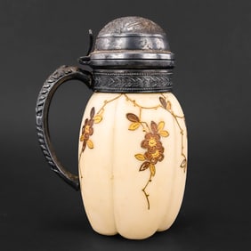 Enamel Decorated Art Glass Syrup Pitcher