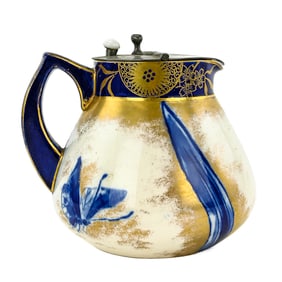 Doulton Gilt Blue Pottery Jug with Pewter Lid