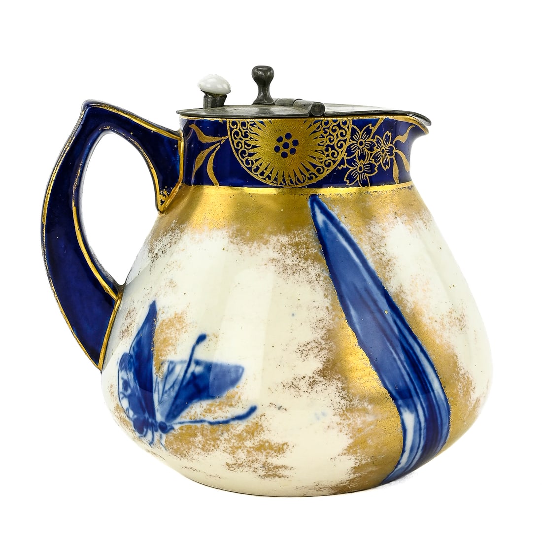 Doulton Gilt Blue Pottery Jug with Pewter Lid (1 of 7)
