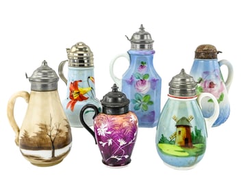6 Hand-Painted Milk Glass Syrup Pitchers & Creamers