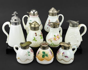 9 Hand-Decorated Milk Glass Syrups