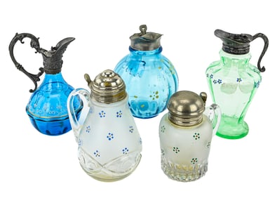 Five Hand-Painted Blue Glass Syrup Pitchers