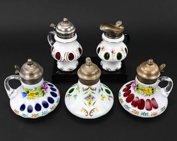 5 Cut-to-Color Milk Glass Syrup Pitchers