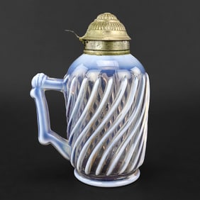 White Opalescent Ribbed Swirl Syrup Pitcher with Lid