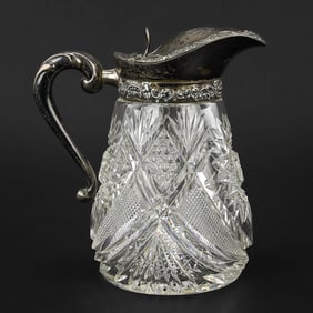 Sterling-Lidded Hobstar Cut Glass Syrup