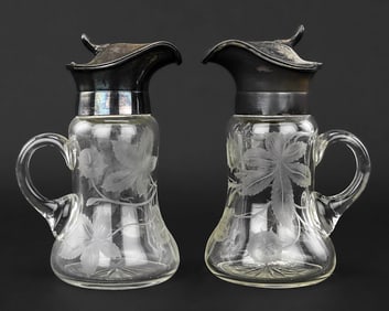2 Etched Glass Syrup Pitchers with Silver-Plated Lids