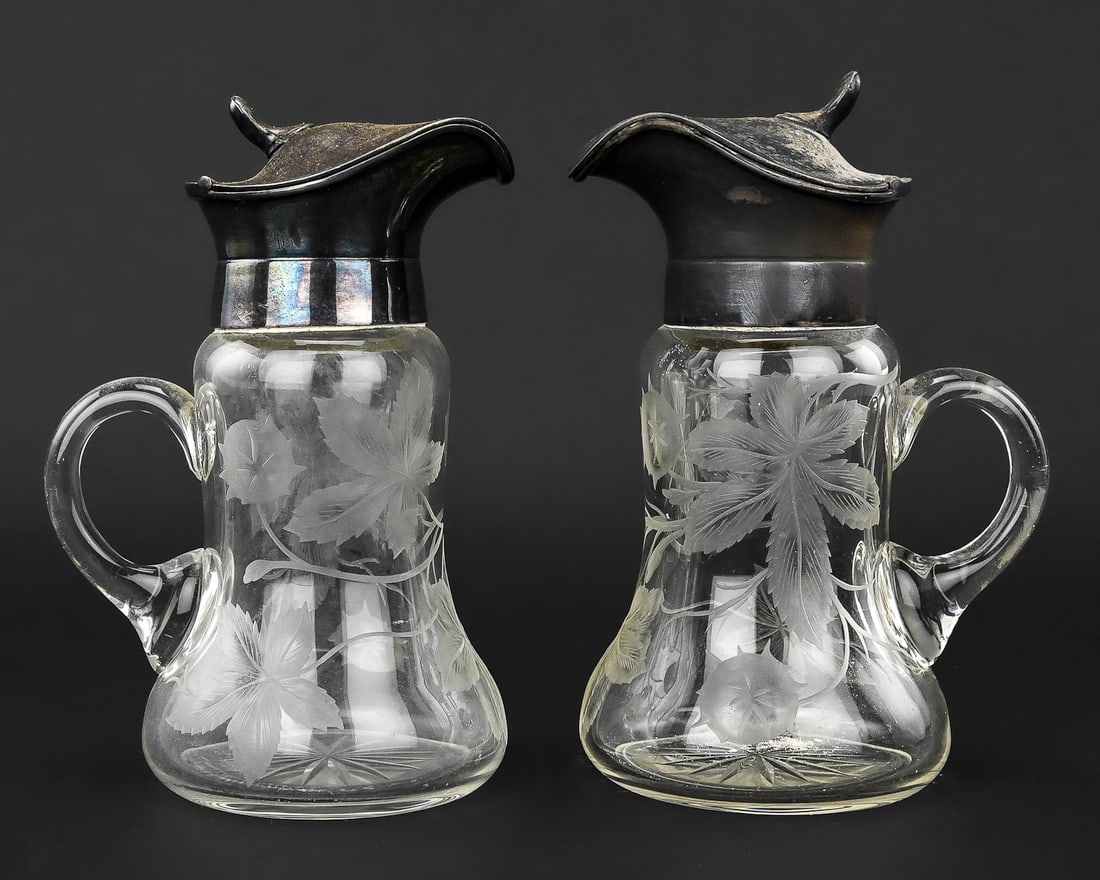 2 Etched Glass Syrup Pitchers with Silver-Plated Lids (1 of 9)