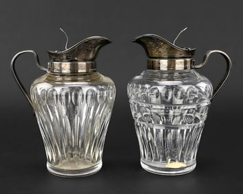 Pair of Sterling Silver & Cut Glass Syrup Pitchers