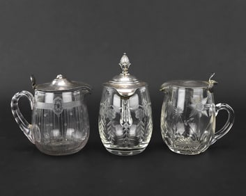 3 Sterling Silver & Cut Glass Syrup Pitchers