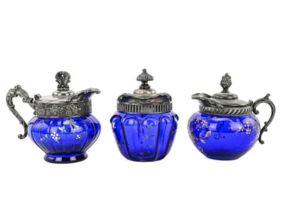 3 Cobalt Blue Enamel Decorated Syrup Pitchers