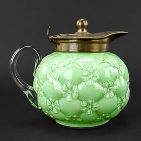 Pale Green Floral Quilted Cased Glass Syrup Pitcher