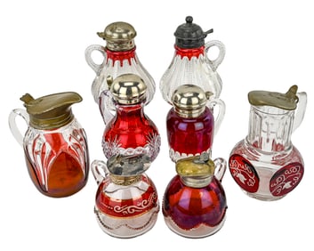 8 Ruby & Clear Pressed Glass Syrups