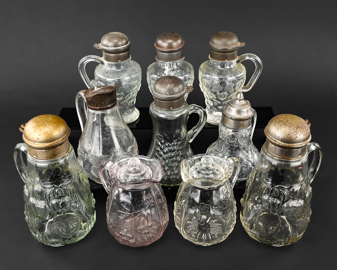 10 Pressed Glass Syrup Pitchers with Floral Motifs (1 of 10)